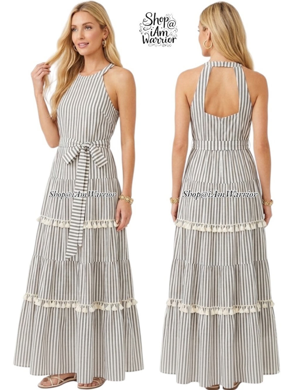 Eliza J. striped tiered tassel trim maxi dress *shop@iamwarrior